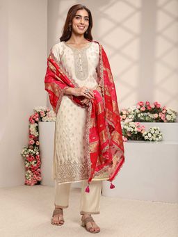 Libas - Women Cream Floral Woven Kurta with Pant and Dupatta