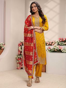 Libas - Women Mustard Floral Woven Kurta with Pant and Dupatta