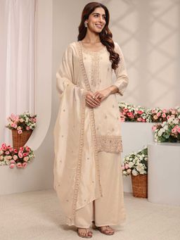 Libas - Women Ivory Embroidered Sequined Kurta with Palazzo and Dupatta