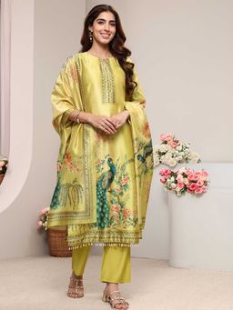 Libas - Women Yellow Floral Mirror Work Kurta with Pant and Dupatta