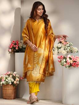 Libas - Women Mustard Printed Mirror Work Kurta with Pant and Dupatta