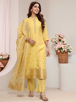 Libas - Women Yellow Floral Woven Kurta with Pant and Dupatta