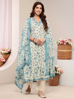Libas - Women Blue Floral Printed Anarkali Kurta with Pant and Dupatta