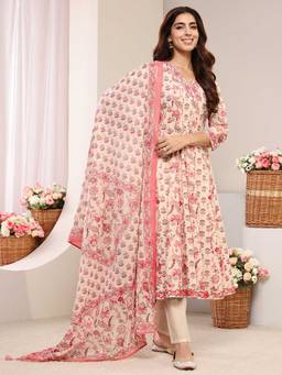 Libas - Women Peach Floral Printed Anarkali Kurta with Pant and Dupatta