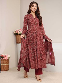 Libas - Women Rust Floral Printed Anarkali Kurta with Pant and Dupatta