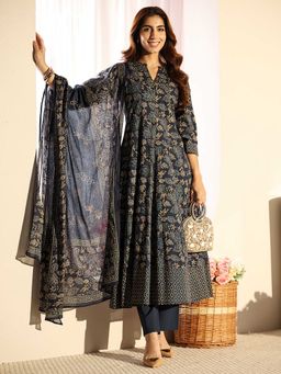 Libas - Women Navy Blue Floral Printed Anarkali Kurta with Pant and Dupatta