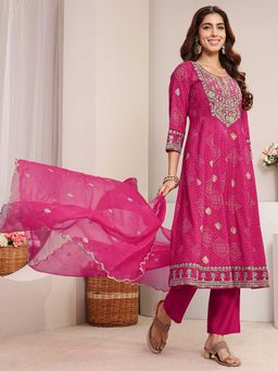 Libas - Women Pink Printed Embroidered Anarkali Kurta with Pant and Dupatta
