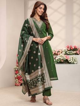 Libas - Women Green Embroidered Sequined Kurta with Pant and Dupatta