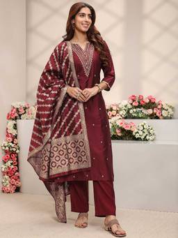 Libas - Women Maroon Embroidered Sequined Kurta with Pant and Dupatta