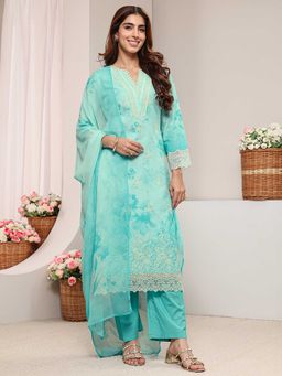 Libas - Women Blue Floral Embroidered Kurta with Pant and Dupatta
