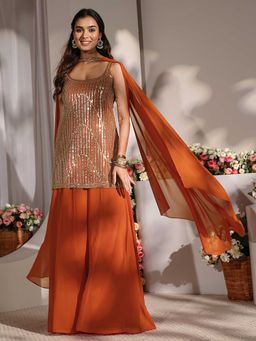 Libas Art - Women Rust Sequined Work Kurta with Palazzo and Dupatta