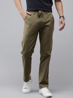 GENIPS - Mens Cotton Blended Relaxed Olive Fit Casual Trouser