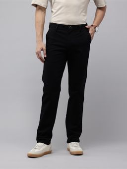 GENIPS - Mens Cotton Relaxed Fit Black Casual Trouser