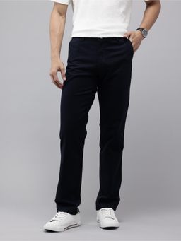GENIPS - Mens Cotton Relaxed Fit Navy Blue Casual Trouser