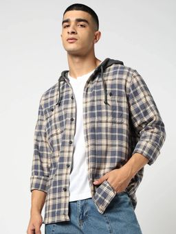 GAP - Men Checks Hooded Neck Blue Shirt
