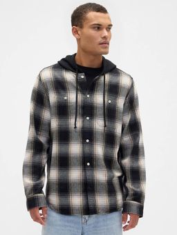 GAP - Men Checks Hooded Neck Black Shirt