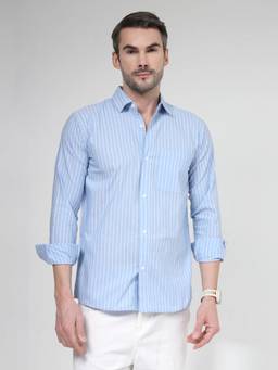 NEUDIS - Mens Cotton Blue and White Vertical Stripe Casual Shirt for Men