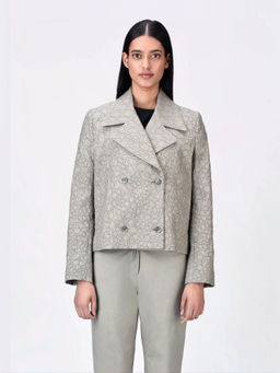 Genes Lecoanet Hemant - Women Grey Cotton Notched Lapel Printed Blazer
