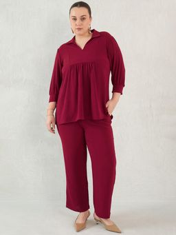 Femmella - Maroon Gather Detail Co-Ord (Set of 2)