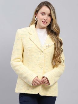 Monte Carlo - Women Mustard Self Design Notched Lapel Full Sleeve Coat