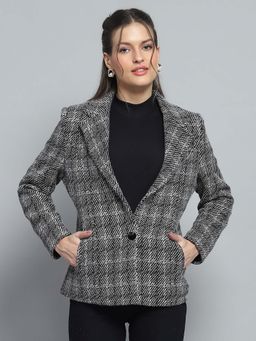 Monte Carlo - Women Check Black Notch Lapel Full Sleeve Coat