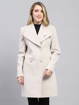 Monte Carlo - Women Cream Self Design Notched Lapel Full Sleeve Coat