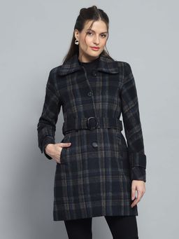 Monte Carlo - Women Check Navy Blue Collar Neck Full Sleeve Coat