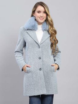 Monte Carlo - Women Blue Self Design Notched Lapel Full Sleeve Coat