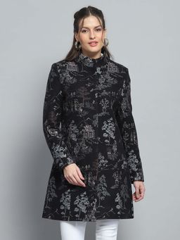 Monte Carlo - Women Self Design Black Mock Neck Full Sleeve Coat