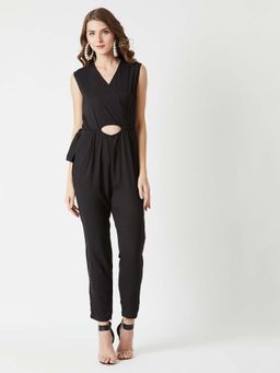 Miss Chase - Women's Black V-Neck Sleeveless Solid Belted Cut-Out Tie-Up Wrap Jumpsuit