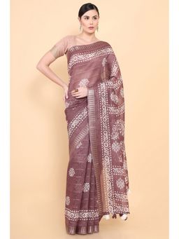 Soch - Women Wine Cotton Printed Saree with Unstitched Blouse