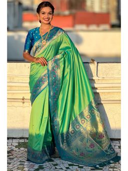 SGF11 - Women Green Kanjeevaram Floral Saree with Unstitched Blouse