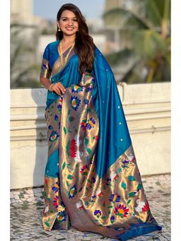 SGF11 - Women Blue Kanjeevaram Floral Saree with Unstitched Blouse
