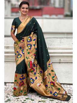 SGF11 - Women Green Kanjeevaram Floral Saree with Unstitched Blouse