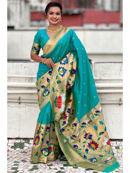 SGF11 - Women Blue Kanjeevaram Floral Saree with Unstitched Blouse
