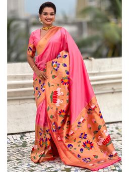 SGF11 - Women Pink Kanjeevaram Floral Saree with Unstitched Blouse