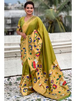 SGF11 - Women Green Kanjeevaram Floral Saree with Unstitched Blouse