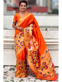 SGF11 - Women Orange Kanjeevaram Floral Saree with Unstitched Blouse