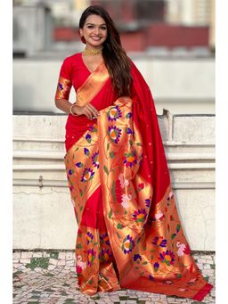 SGF11 - Women Red Kanjeevaram Floral Saree with Unstitched Blouse