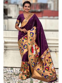 SGF11 - Women Wine Kanjeevaram Floral Saree with Unstitched Blouse