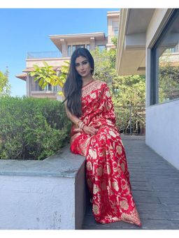 Anjaneya Sarees - Women Red Banarasi Floral Saree with Unstitched Blouse