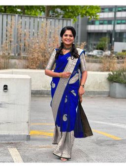 Anjaneya Sarees - Women Blue Banarasi Paisley Saree with Unstitched Blouse