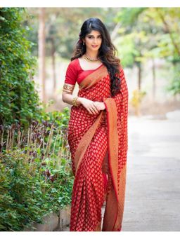 Anjaneya Sarees - Women Red Banarasi Floral Saree with Unstitched Blouse
