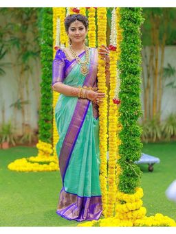 Anjaneya Sarees - Women Blue Banarasi Stripes Saree with Unstitched Blouse