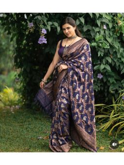 Anjaneya Sarees - Women Navy Blue Banarasi Paisley Saree with Unstitched Blouse