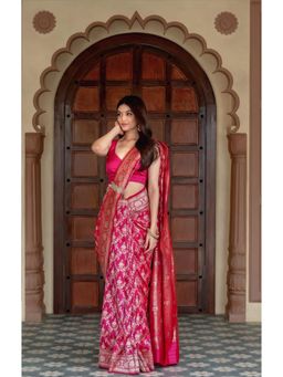 Anjaneya Sarees - Women Pink Banarasi Floral Saree with Unstitched Blouse
