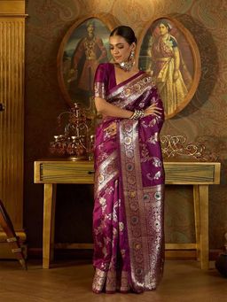 Anjaneya Sarees - Women Maroon Banarasi Floral Saree with Unstitched Blouse