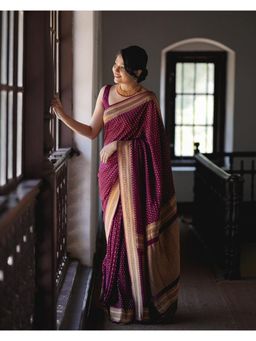 Anjaneya Sarees - Women Maroon Banarasi Polka Dots Saree with Unstitched Blouse