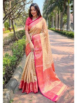 Anjaneya Sarees - Women Beige Banarasi Floral Saree with Unstitched Blouse