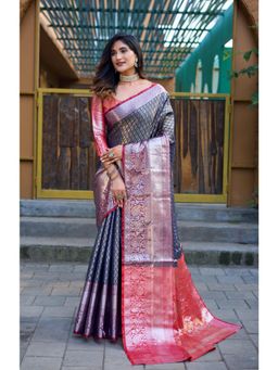 Suha - Women Navy Blue Silk Blend Woven Saree with Unstitched Blouse